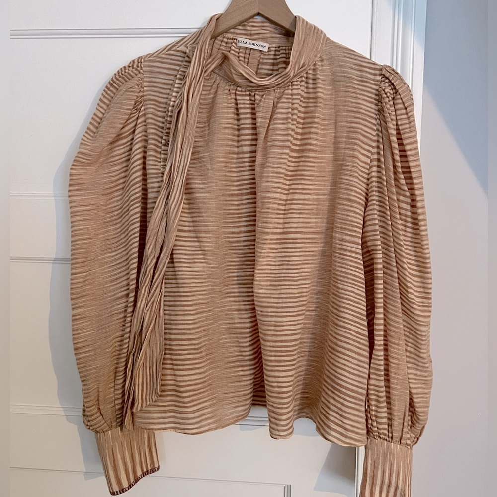 Ulla Johnson Long Sleeve Tan Stripe Bow Cotton Gauze Blouse size 10